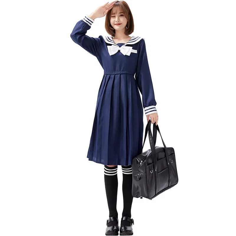 Girls Campus Cute Kawaii Preppy Style Dress Retro Navy Sailor Long Dress for Women Harajuku Lolita Sweet Bow-Knot Long Dress Set