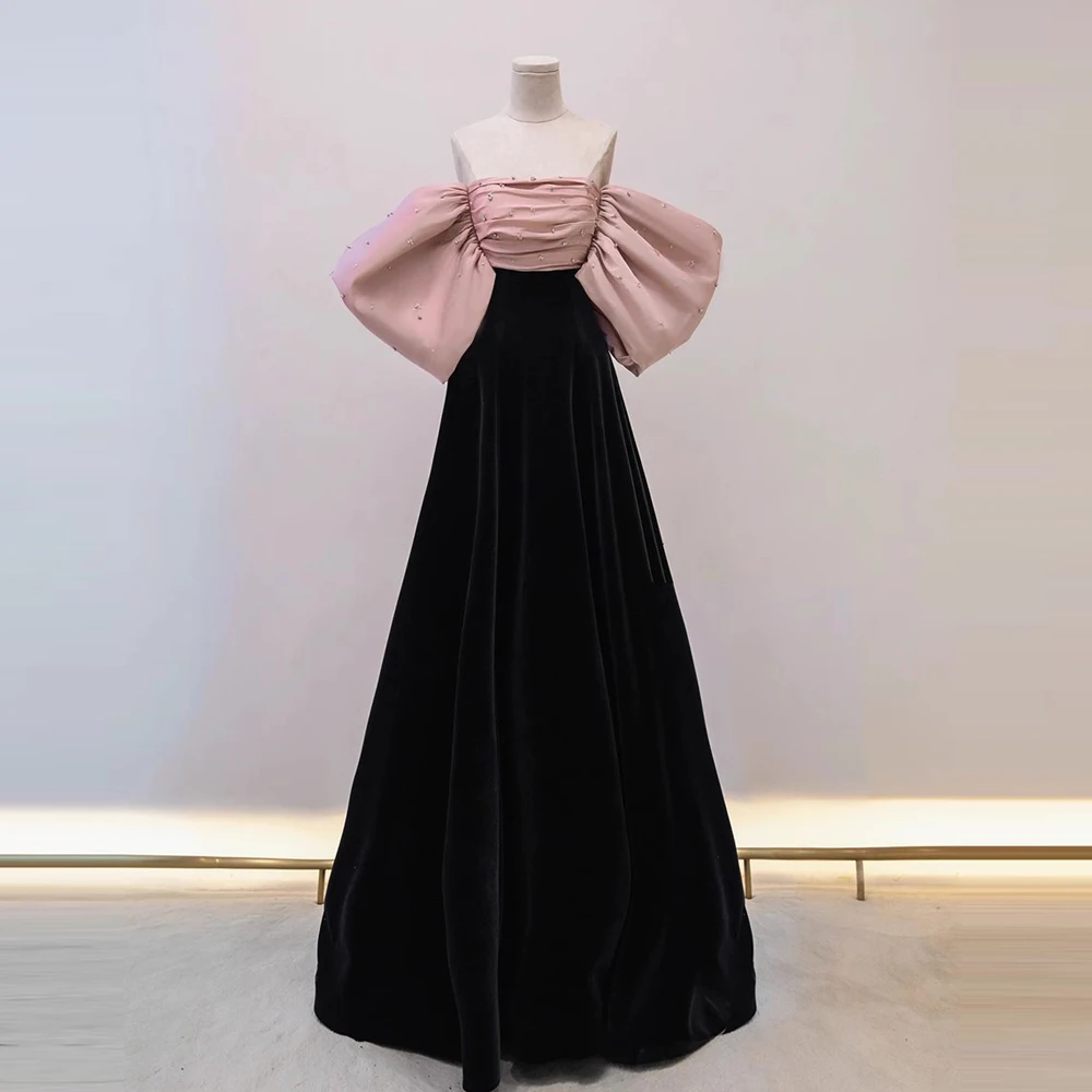 Vintage Off The Shoulder Evening Dresses Long Satin A-line Loose sleeves Women Formal Gowns Wedding Maxi Dress Party beaded