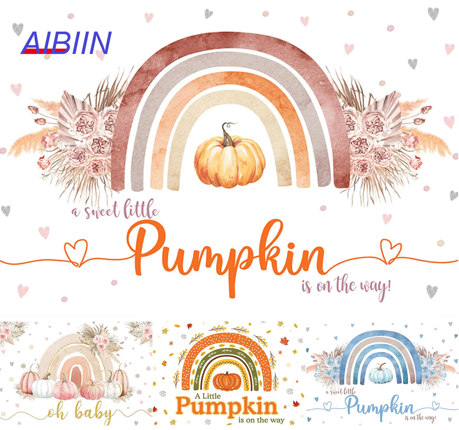 

AIBIIN Boho Rainbow Baby Shower Party Decor Backdrop Fall Pumpkin Sweet Heart Flower Photography Background Cake Table Photozone