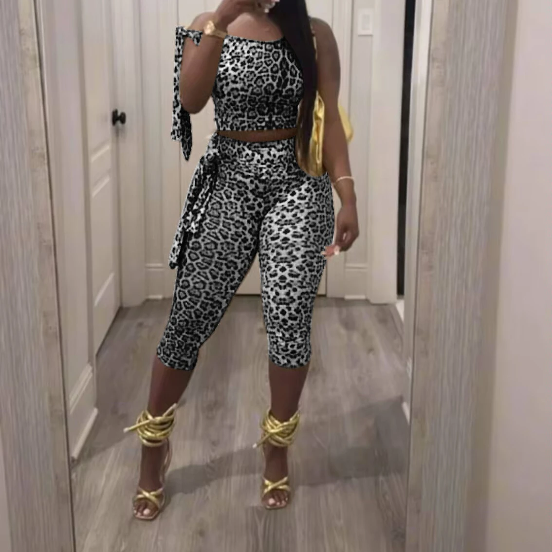 Pant Set Women Two Piece Sets Leopard Print Matching Sets Sexy Sling Short Tops Calf Length Pants High Waist Y2k Streetwear