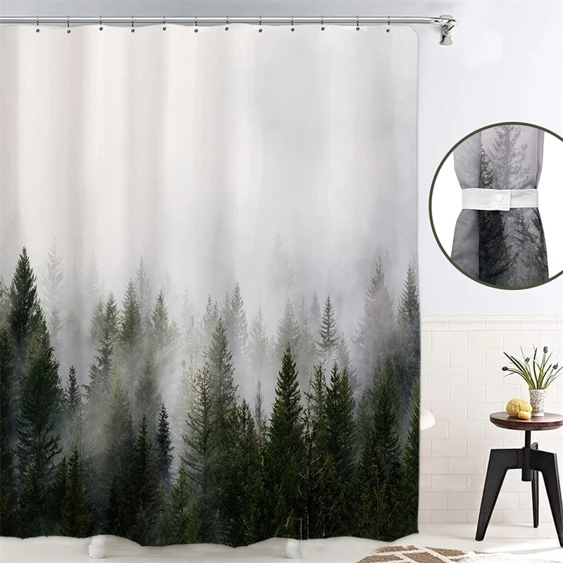 Forest Green Shower Curtain with Hooks, Extra Long, Mold and Mildew Resistant, Bath  Liner, Tree Print