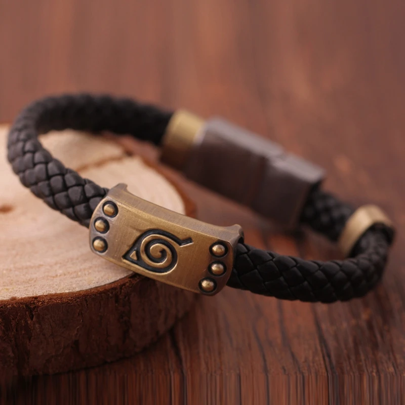 Vintage Narutos Konoha Sign Pendant Bracelet for Men Women Leather Knitted Metal Wristband Bangle Fans Cosplay Jewelry Gifts