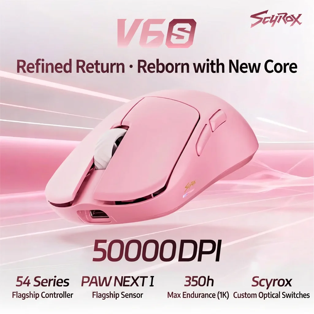 V6S Gaming Mouse 50000DPI 42g Lightweight Symmetrical Design Wireless Mouse 8K Polling PAW3950 for PC FPS Esports Gamer