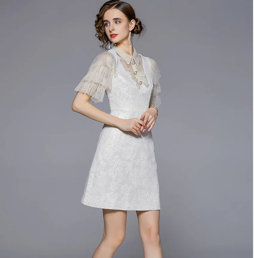 Vintage Summer Jacquard Dress Women Lapel Collar Ruffles Sleeve Patchwork Pearl Button Gold Lining Embroidery Mini Party Dresses