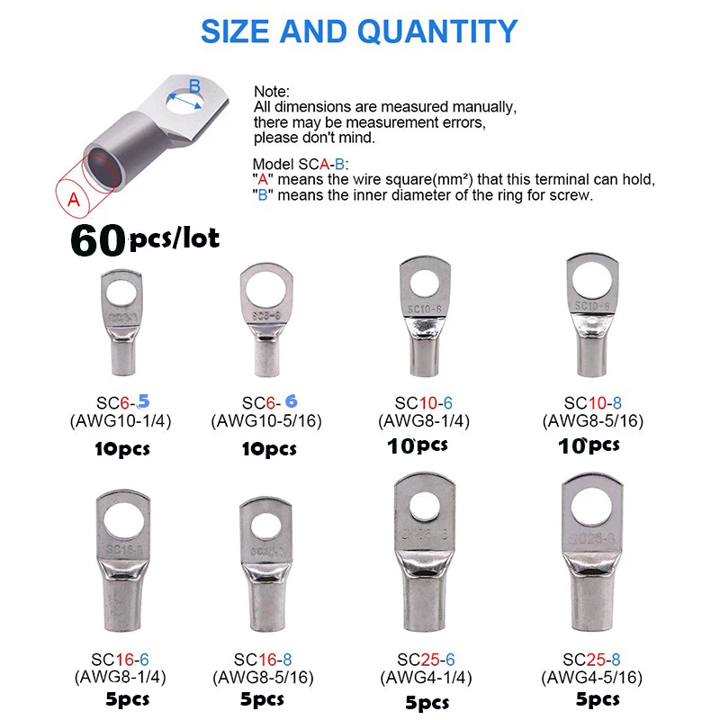 60PCS SC Tinned Copper Lug Ring Wire Connectors Bare Cable Terminal