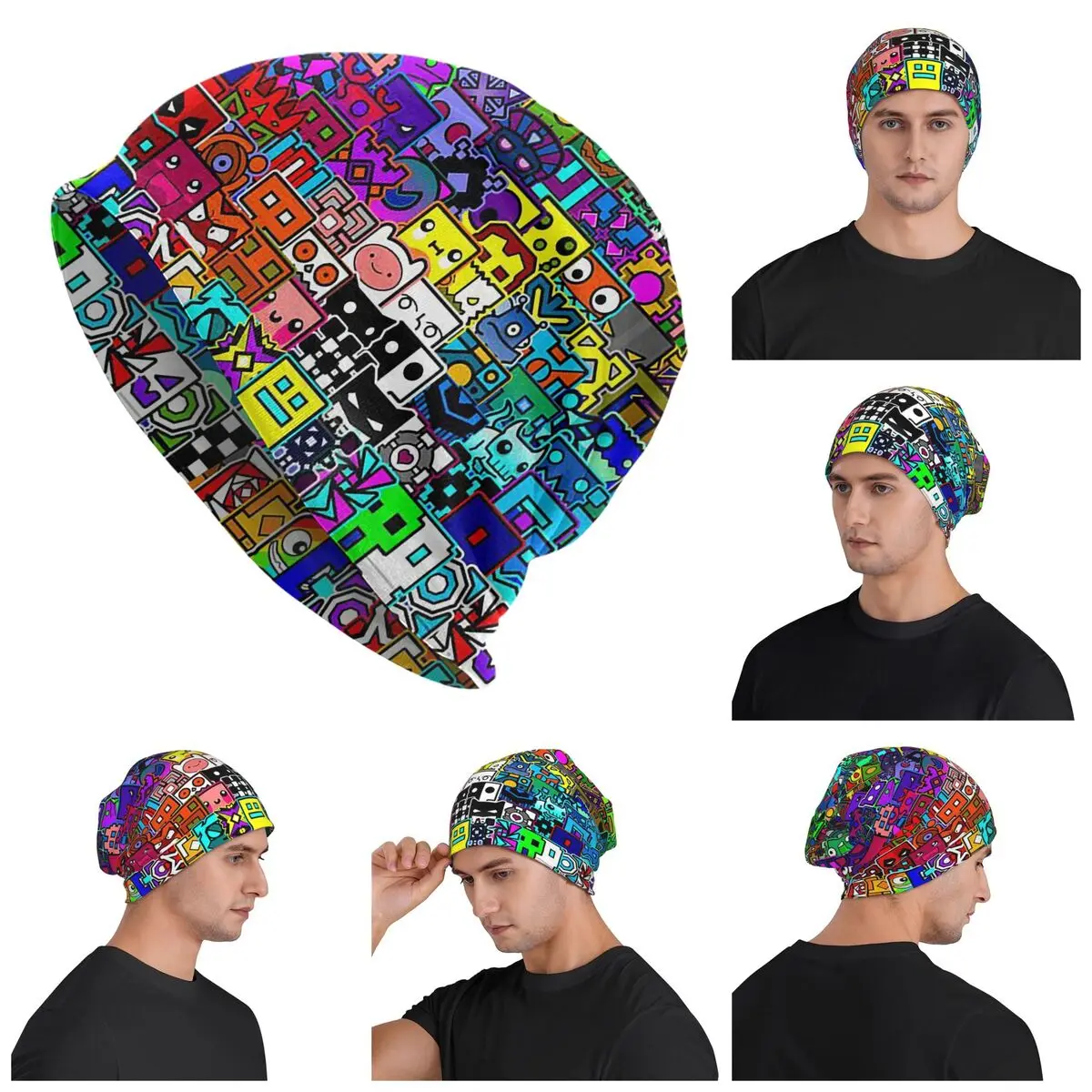 Video Game Geometry Dash  Men Women Adult Beanies Caps Knitted Bonnet Hat Warm Hip Hop Autumn Winter Outdoor Skullies Hats