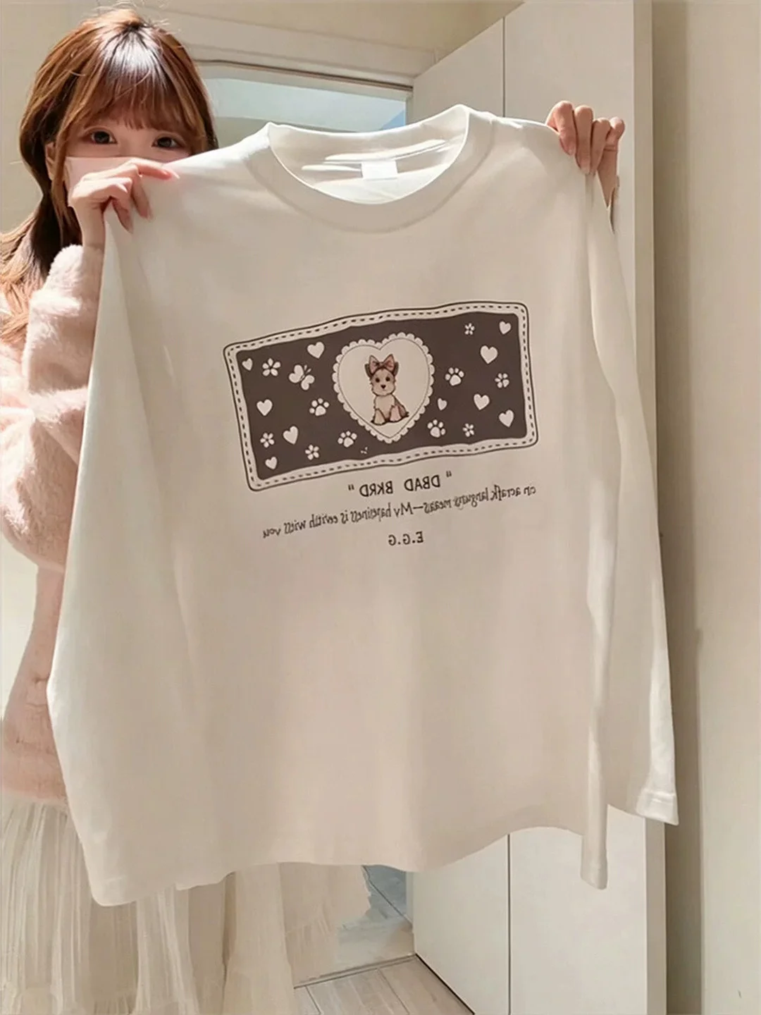 American Style Long Sleeve round Neck T-Shirt Women's Loose Fit Lazy Style White Base Top Heart Dog Print Commute Style Pure ...