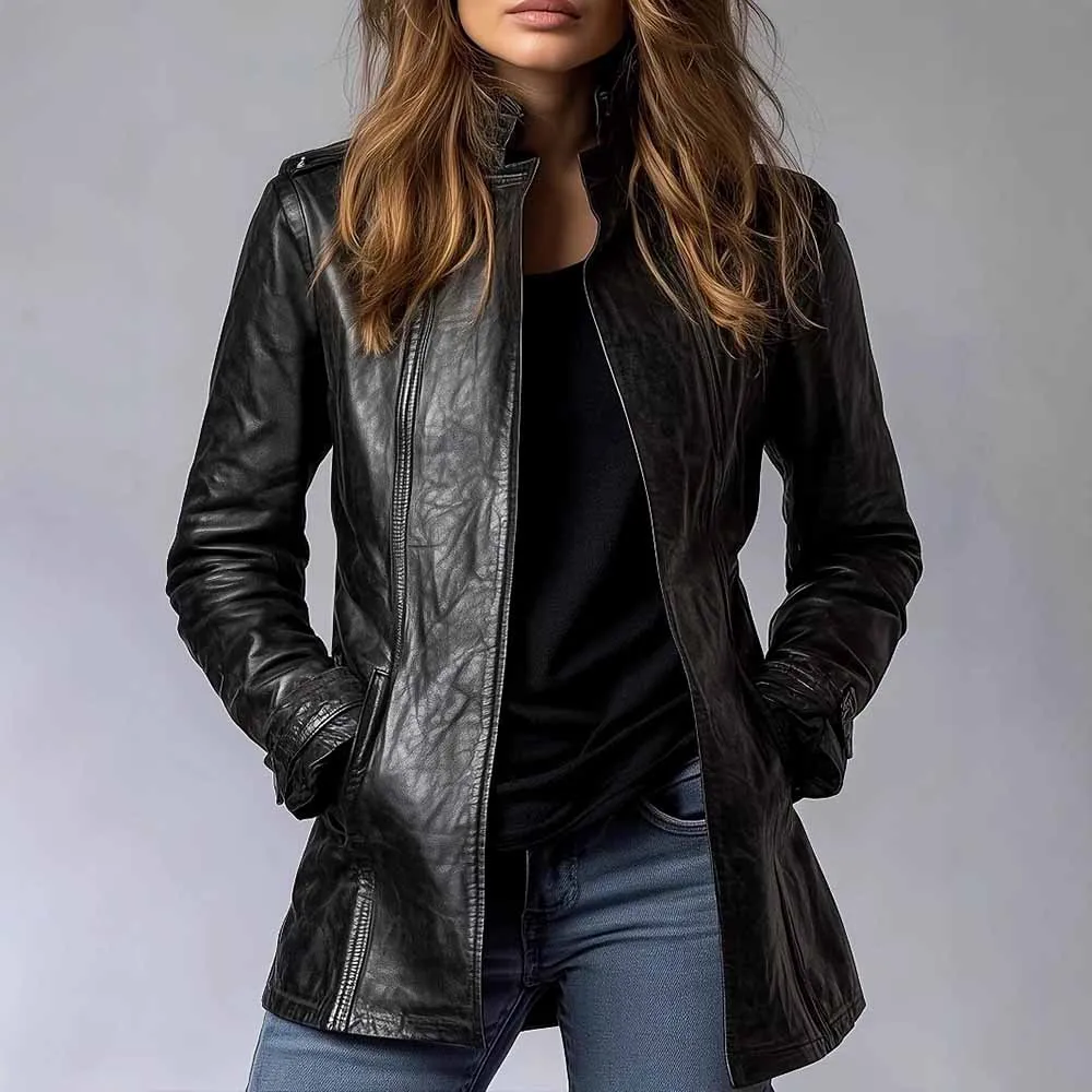 

Faux Leather PU Jacket for Women Stand Collar Black Biker&Moto Autumn Winter Slim Vintage Ruched Pocket PU Outerwear