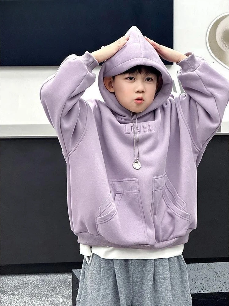 2026 Autumn Winter New Boys Purple Fleece Lined Hoodie Thick Warm Casual Pullover Sweatshirt Kids Fashion Outerwear Tops