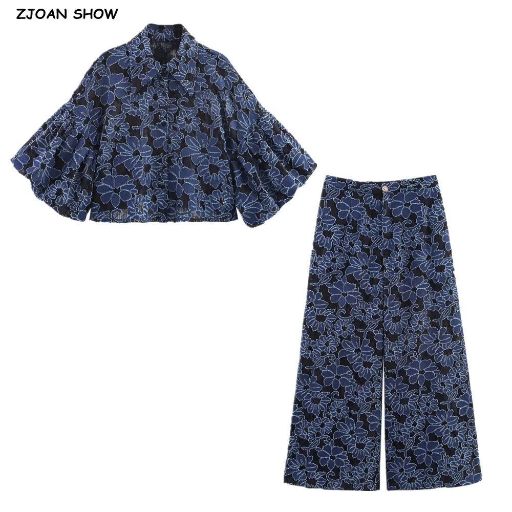 

2 pieces 1 Set 2025 Spring Summer Lace Embroidery Puff Sleeve Shirt + Zipper High Waist Wide Leg Straight Pants Suits Blue