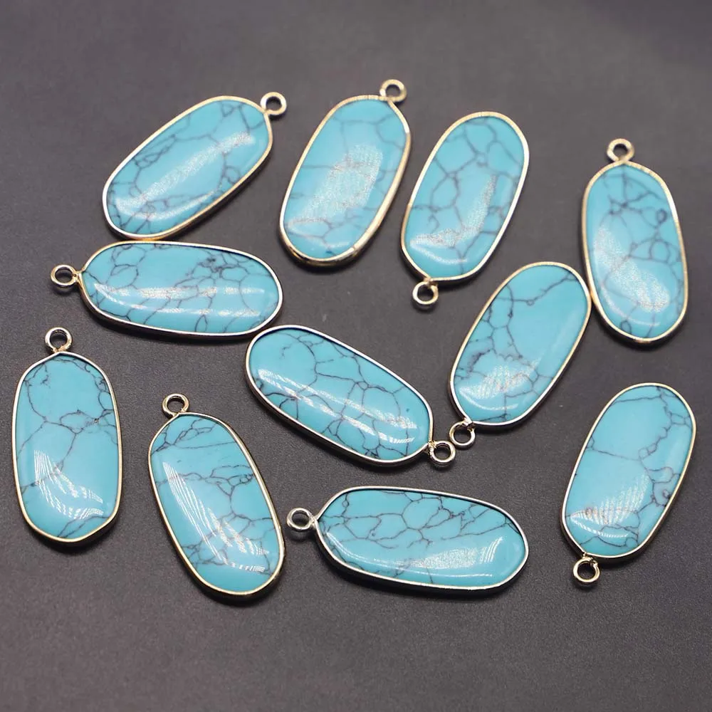 Natural Stone Turquoise Multicolor Ellipse Plane Gilt Edge Necklace Pendants Diy Fashion Jewelry Gift Accessories Wholesale 8Pcs