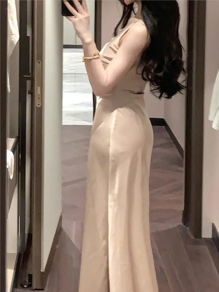 

Swing Collar Slant Shoulder Dress French Style Women's Waist-cinching Fishtail Vestidos Solid Color Trendy Simple Style Vacation