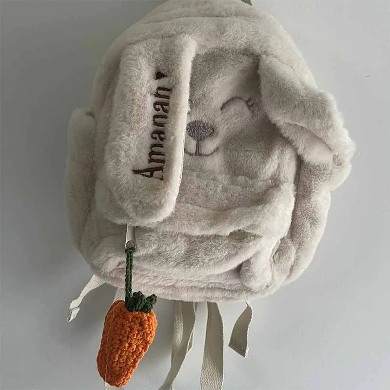 

Personalized Custom Beige Plush Cute Carrot Hanging Ear Rabbit Women's Backpack, Embroidered Children's Cute Gift Bag With Name