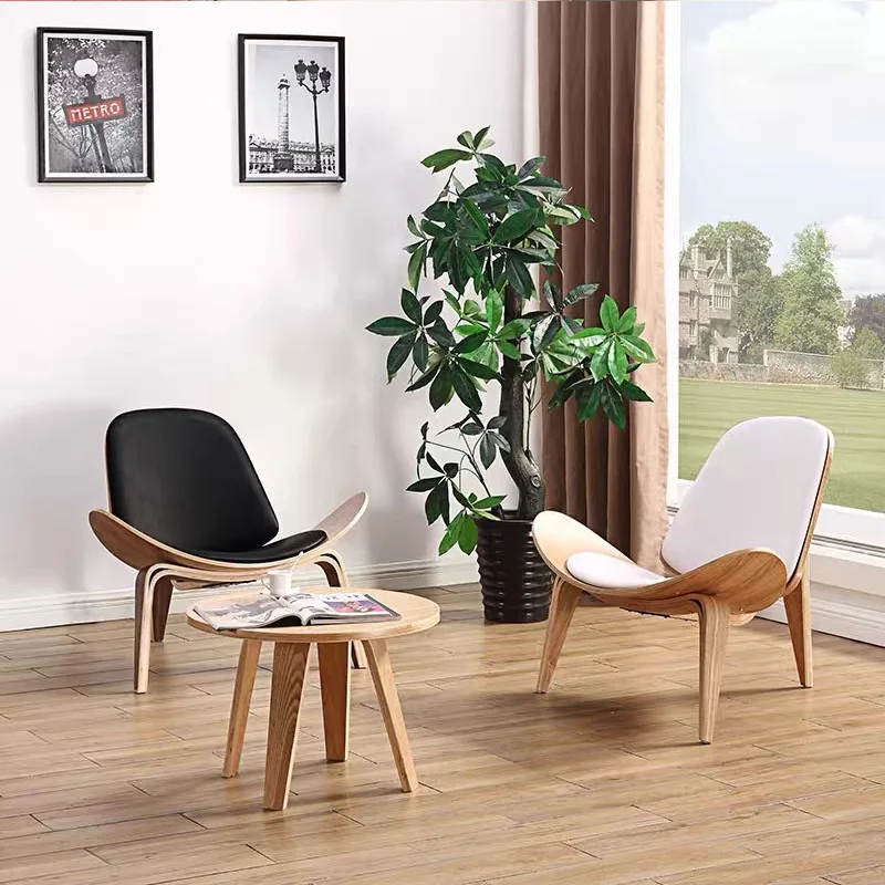 Modern Leisure Chair High Quality Solid Wood Three-Legged Shell Chair Ash Plywood Black Faux Leather Living Room Furniture