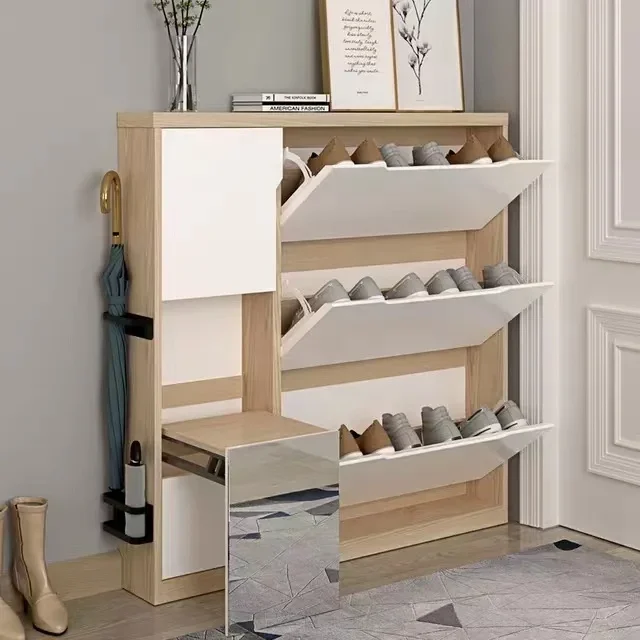 Custom Made White E1 Entry Storage Organizer Wooden Shoes Rack Stand Cabinet with Sliding door