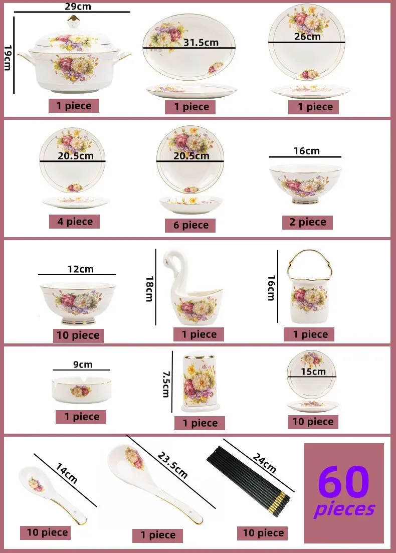 60pcs European Style Dinnerware Sets Luxury Bone China Tableware Sets Bowl Spoon Dinner Plate Set Kitchen Utensils Dinner Set view 6