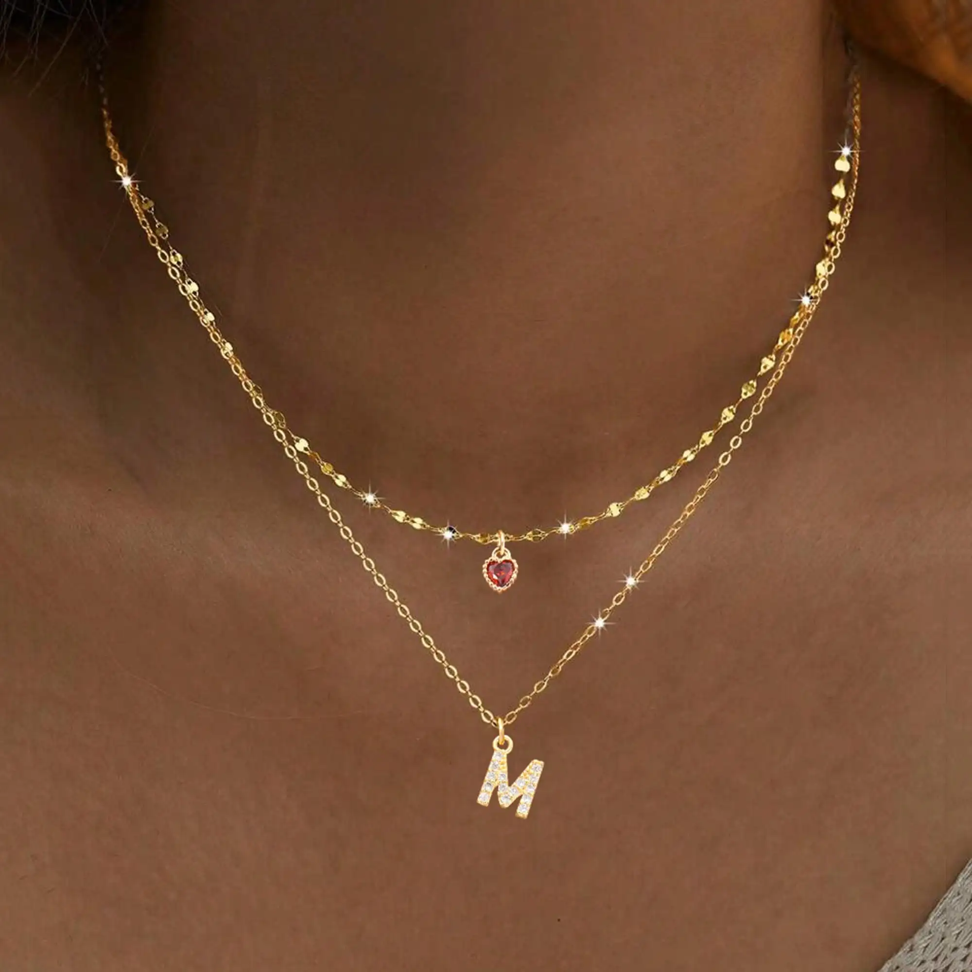 

Layered Gold Tone Necklace Set with Heart & Initial Pendant for Women