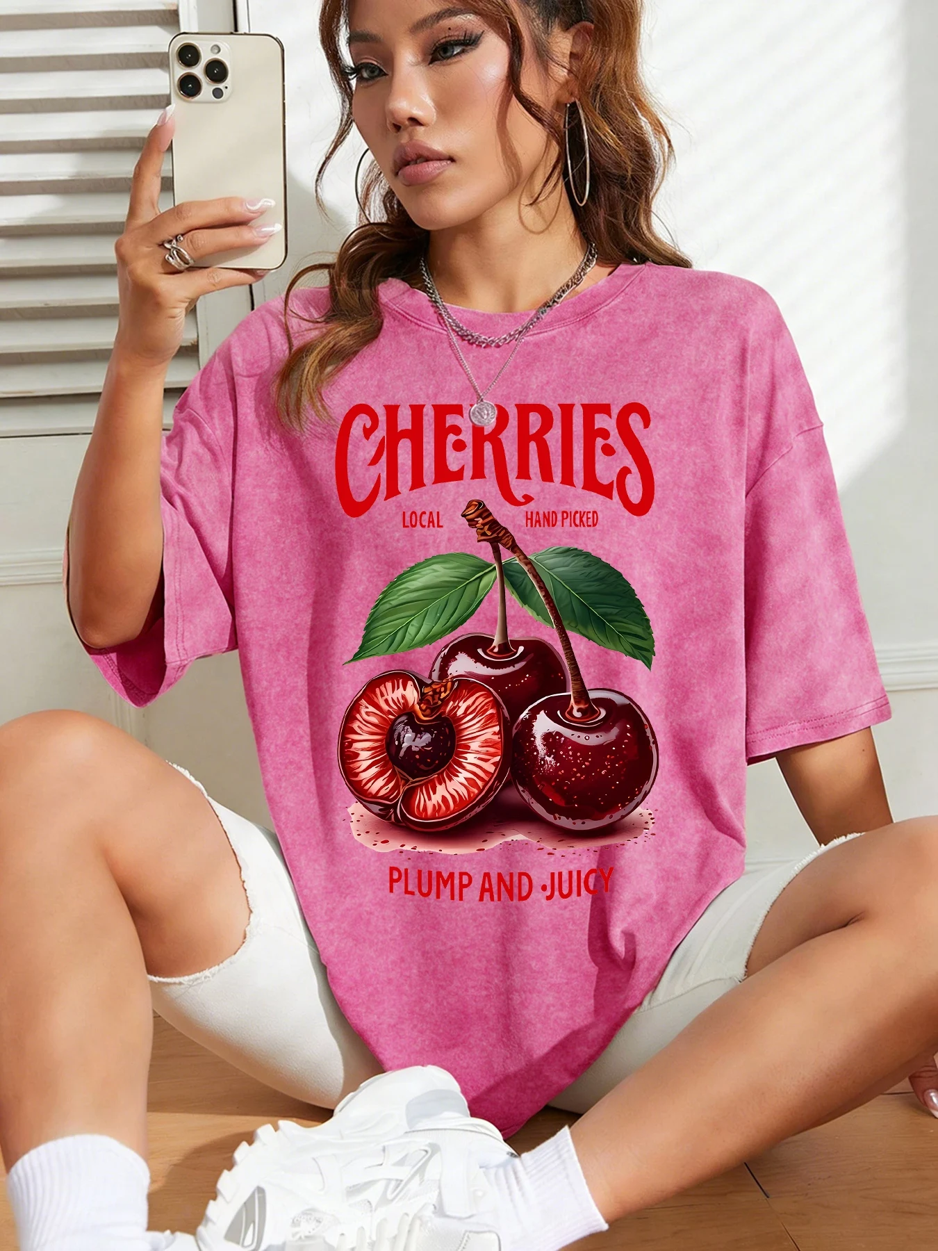 

Женская негабаритная стираная футболка с короткими рукавами Cherries Local Hand Picked Graphic Plump Juicy Print Повседневный топ Повседневный свободный топ