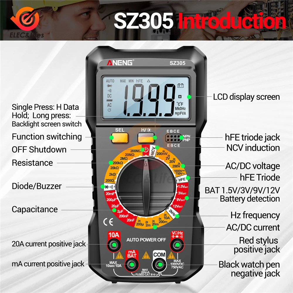 SZ304 SZ305 Multifunction Digital Multimete True RMS Handheld High Precision Tester NCV AC/DC Votage Current Resistance Ohm Tool