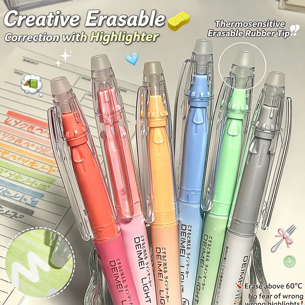6 Colors Erasable Highlighter Pen, Fluorescent Marker, Smooth Writing, For Journal Planner School Office Aesthetic Stationery