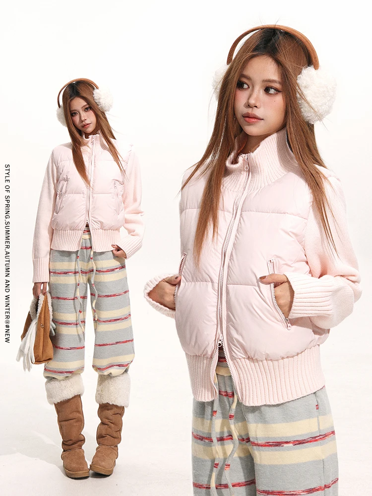 

Pink Knitted Patchwork Cotton Jaet Women's Winter Casual Sle Slimming Warm Double Zipper Stand Collar ort Outerwear