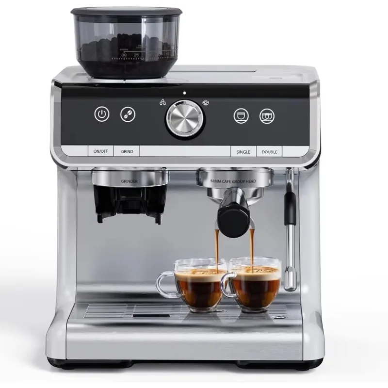 Espresso Machine - 1450W/20 Bar, 30 Grinder Settings, Fast Heating, Home & Hotel Use, Silver