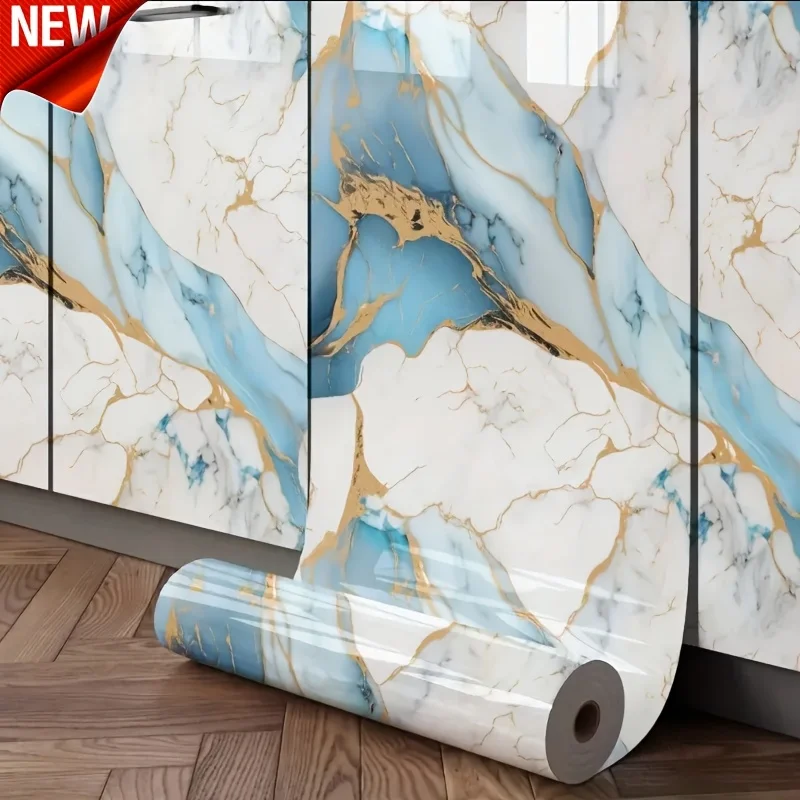 Luxury Cyan White Gold Marble Self-Adhesive Wallpaper Oilproof Vinyl Sticker for Kitchen Backsplash Furniture Renovation