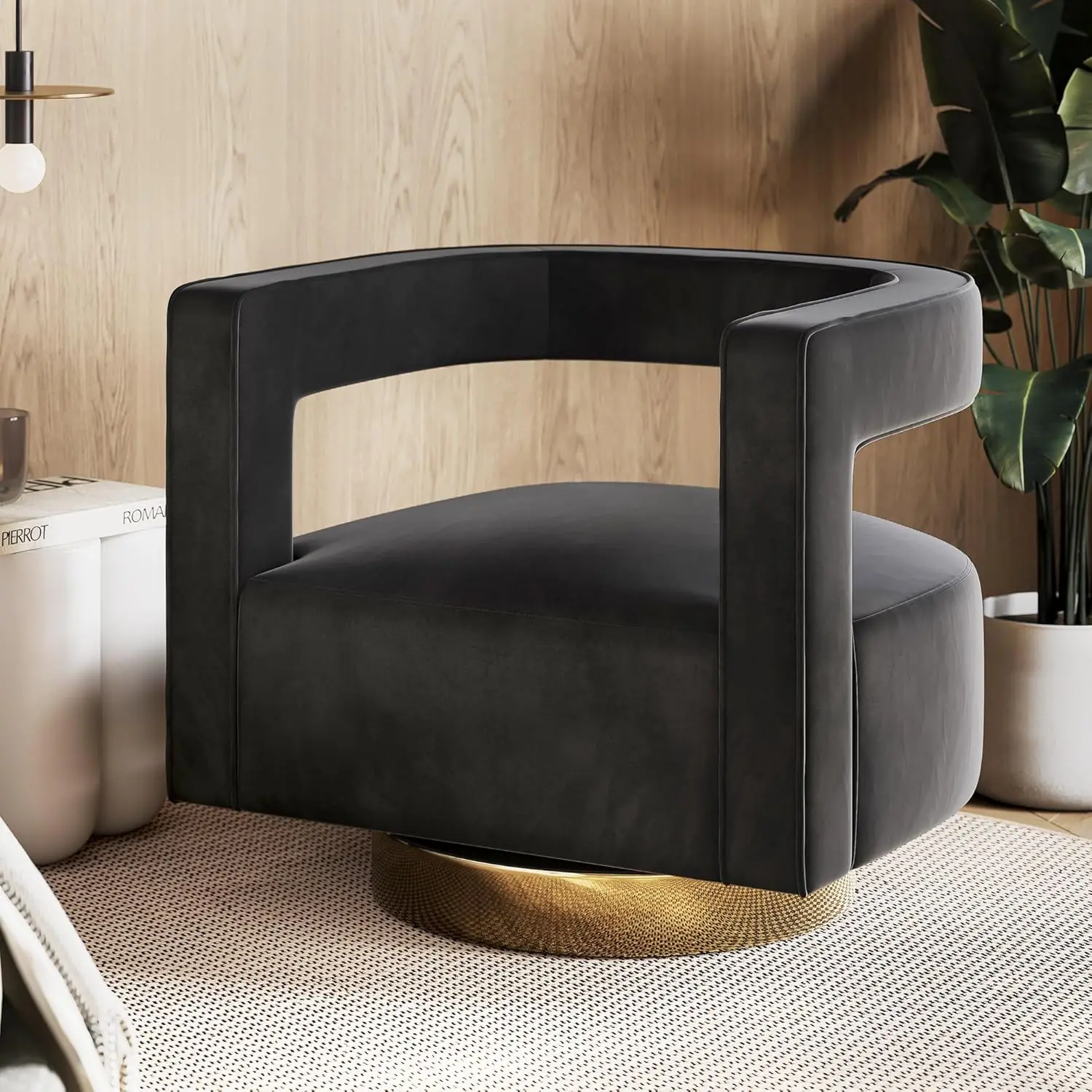 Swivel Barrel Accent Chair, Modern Velvet Armchair with Gold Base and Wood Frame, 360° Rotate, Black