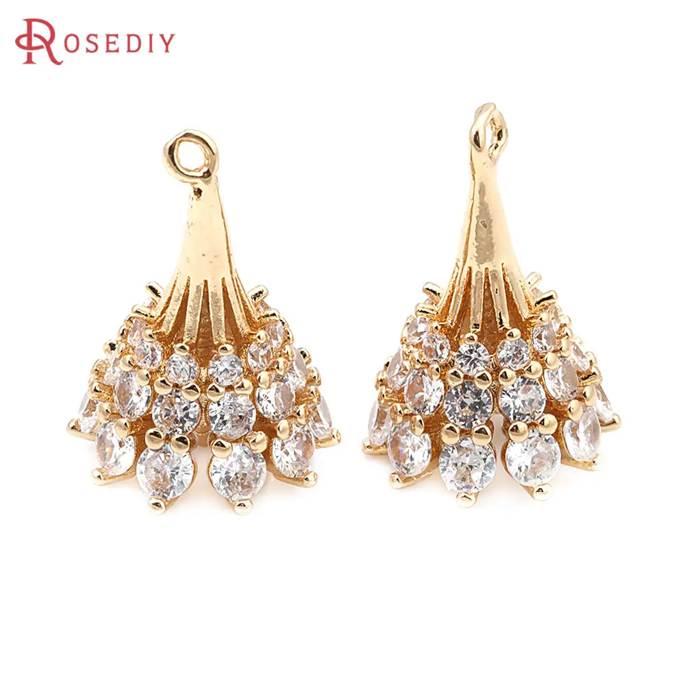 4PCS 18K Gold Color Brass and Zircon Can Fit Beads Flower Umbrella Connect Charms Pendants Diy Jewelry Making Necklace Earrings