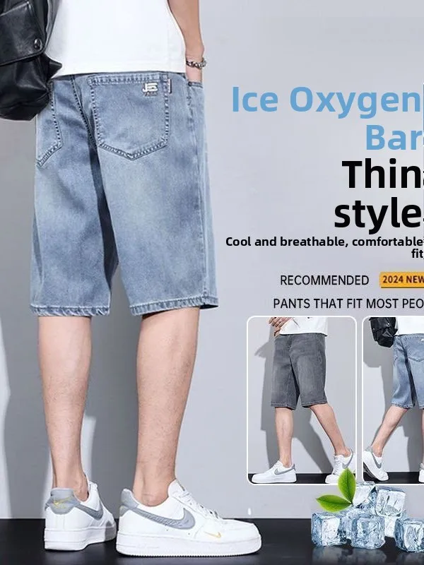 Ice Silk Men's Jeans Shorts Ultra-Thin Loose Straight Casual Summer Fashion Large Size Five-Point Shorts Cotton Stretch Denim