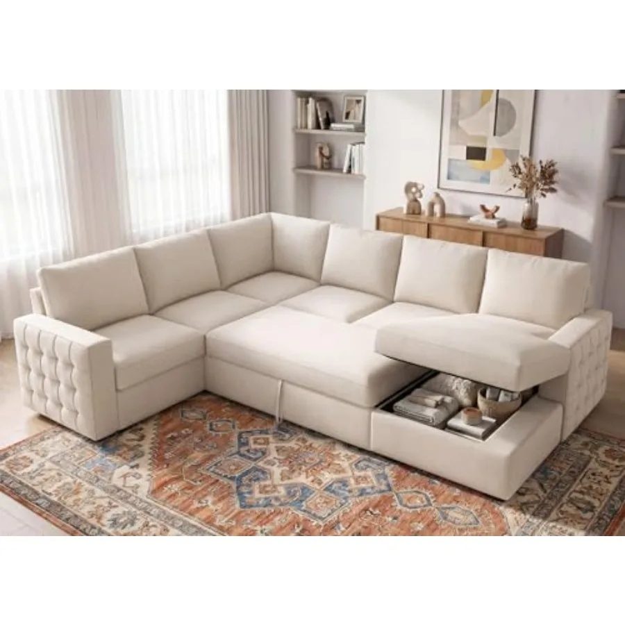 

Sectional Couch with Pull Out Bed, Sectional Sleeper Sofa with Storage, U Shape Couches for Living Room, Velvet Beige