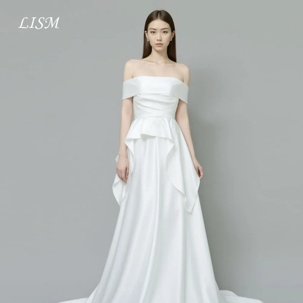 Suknie ślubne w stylu koreańskim, z odkrytymi ramionami, o kroju litery A, proste, z jedwabnej satyny, eleganckie, długie suknie ślubne, szyte na miarę, długie suknie ślubne.