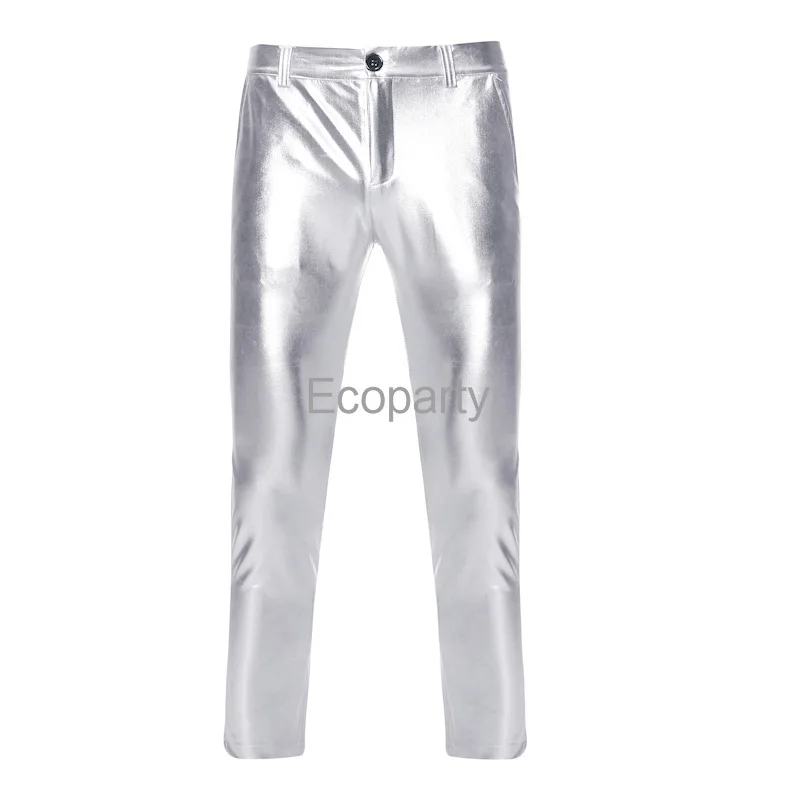 PU Leather Pants Men Brand Skinny Shiny Gold Coated Metallic Pants Trousers Nightclub Motorcycle Stage Perform Pants for Singers