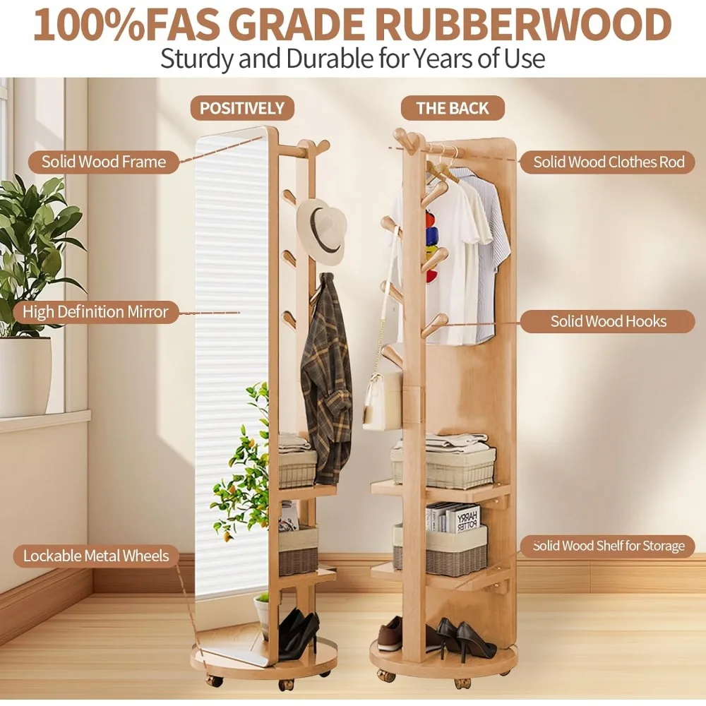 Übergroßer Bodenspiegel aus massivem Holz mit Garderobe und Ablageflächen – Körperspiegel in voller Länge für die Inneneinrichtung