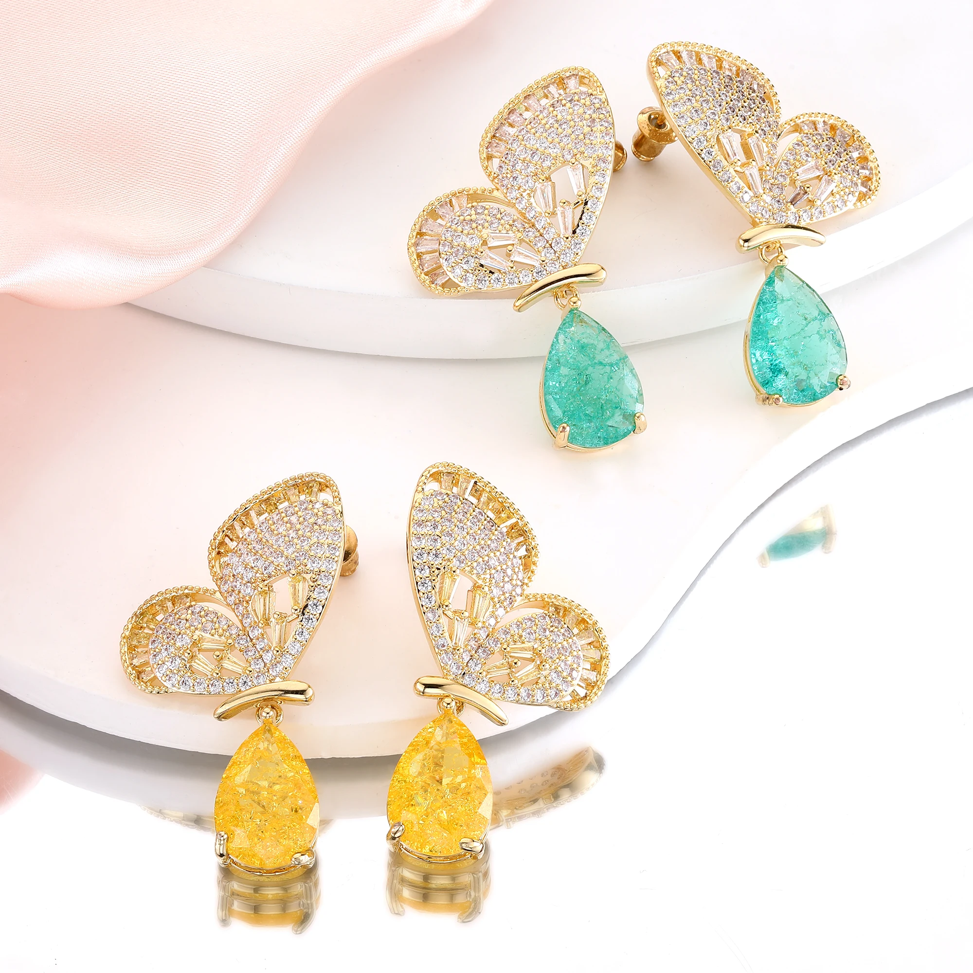 

New butterfly pear shaped zircon earrings plated 18k gold brass jewelry