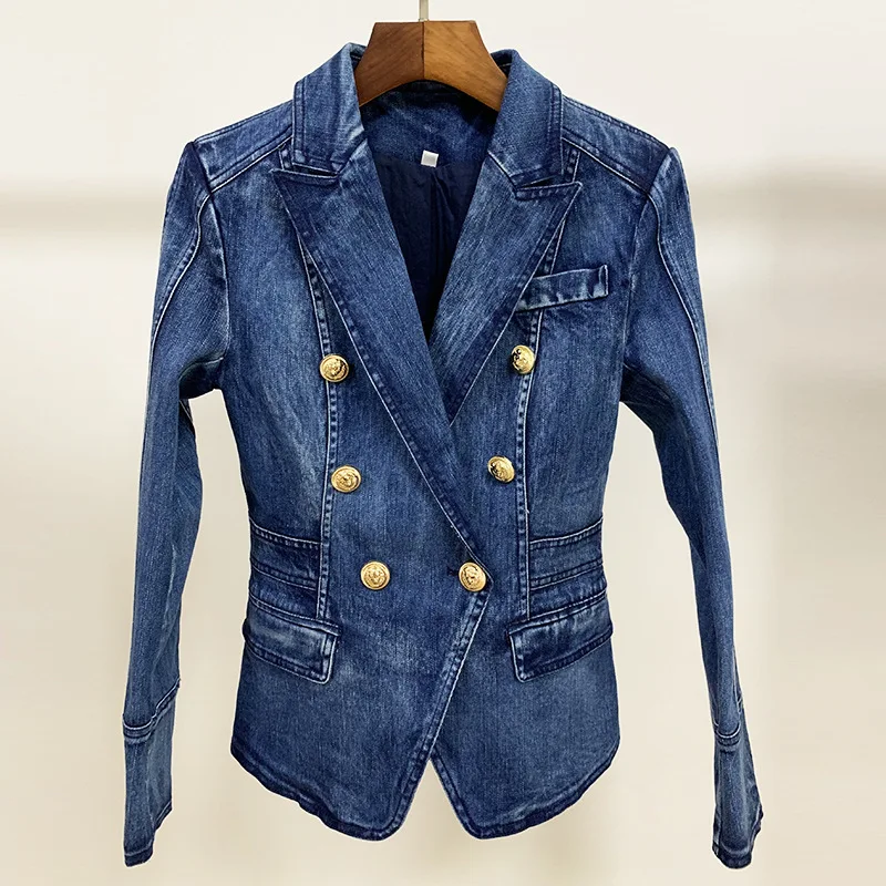 Blazer feminino cabeça de leão manga longa, com botões dourados Outwears, senhoras lavadas Denim terno fino, alta qualidade, novo, outono, inverno