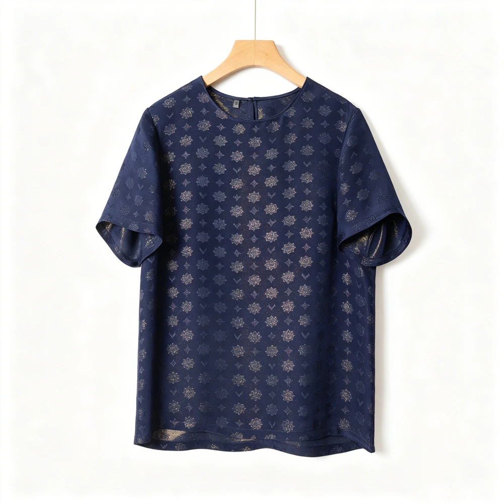 2026 Women's Fashion Summer New 100% Natural Mulberry Silk Jacquard Satin Treasure Blue Round Neck Short Sleeve T-shirt view 2