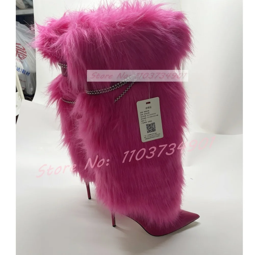 Furry Metal Chain Belt Buckle Stiletto Boots Women Sweet Pointy Toe Slip-On High Heels Shoes Ladies Fashion Knee Length Boots