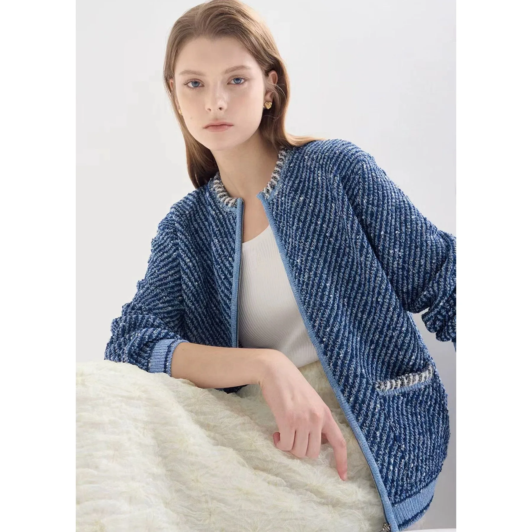 Lemon Cheese LAN25 Herbst gestrickte offene Strickjacke, schwere Verzierung, rund, Ne Simple Sle Long Sve Color Commute Wind