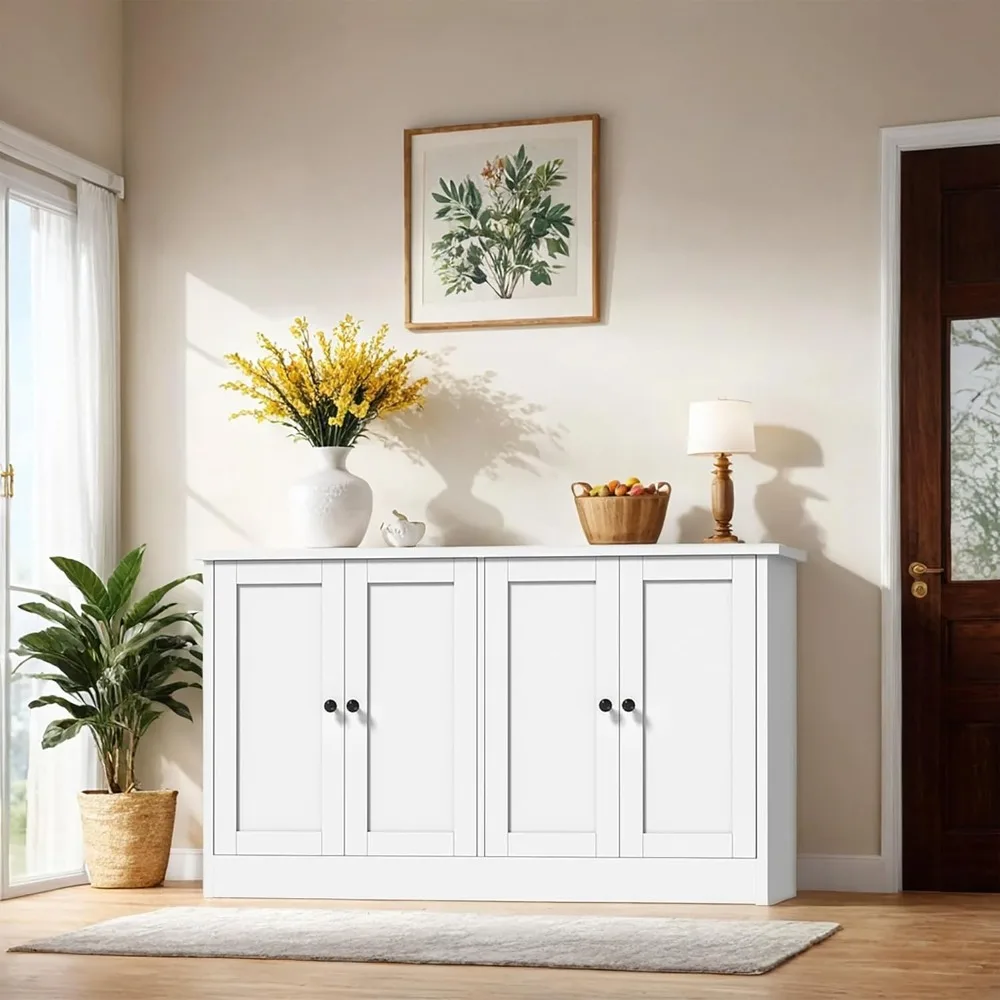 

White Buffet Storage Cabinet with 4 Door, 49 W Coffee Bar Cabinet, Kitchen Buffet Sideboard for Living Room