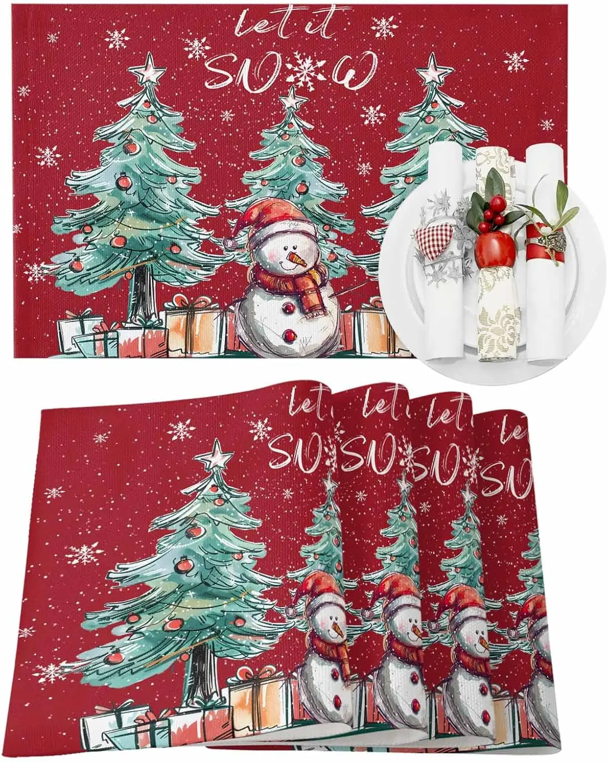 

Christmas Snowman Gifts Red Linen Placemats Set Kitchen Decor Farmhouse Winter Holiday Party Placemats Navidad Decorations