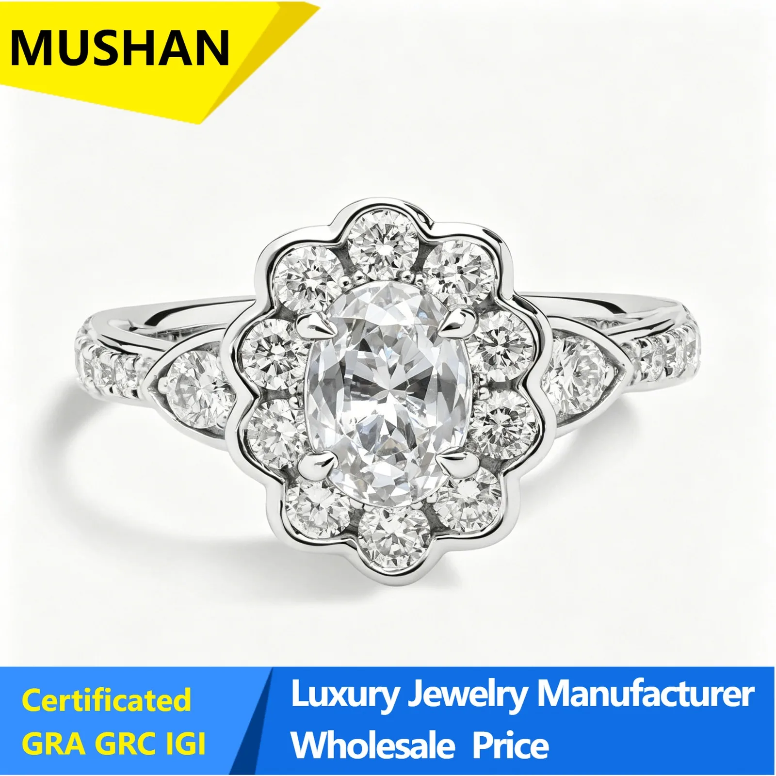 MUSHAN Luxury 925 Sterling Silver 1 Carat Cultivated Diamond Ring Wedding Ring s925 Sterling Silver Oval Diamond Ring Vintage