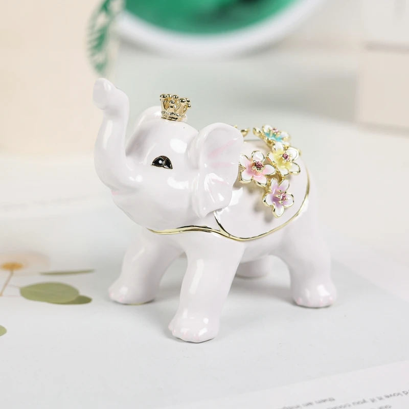 SHINNYGIFT Elephant Figurine with Crown Animal Enamel Trinket Box, Hinged Decorative Jewelry Storage Box for Dressing Table