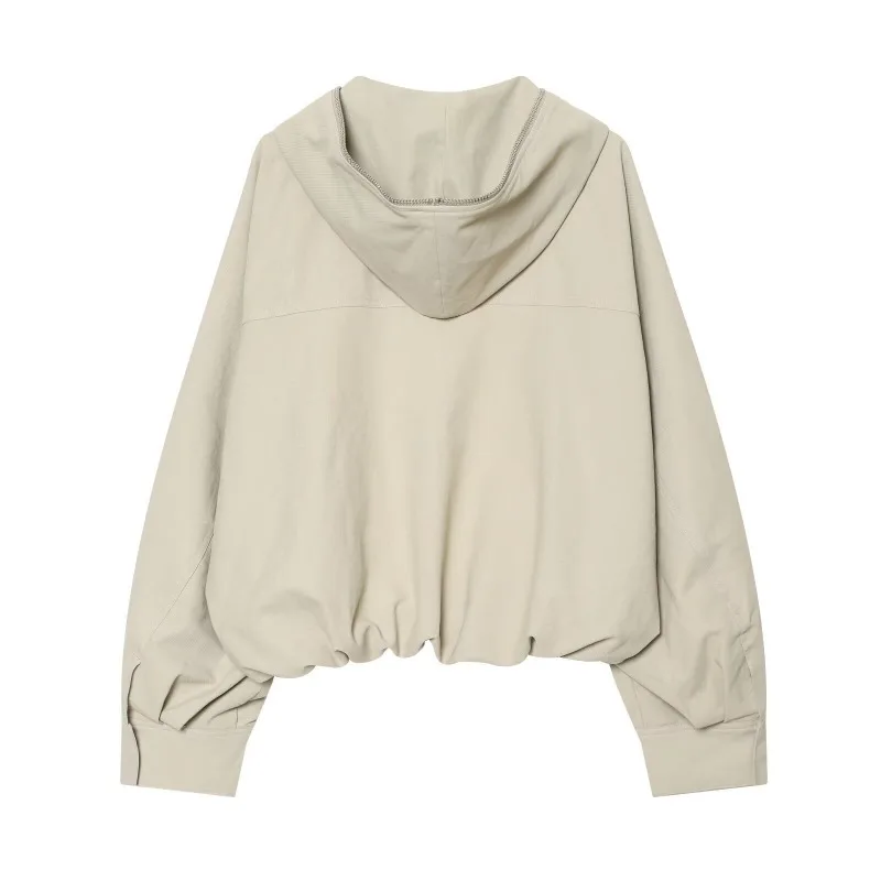 Women 2026 New Hot Selling Fashion Elegant Loose Hooded Zip Front Pockets Elastic Waist Jacket Outerwear Casual Trendy Chic Top
