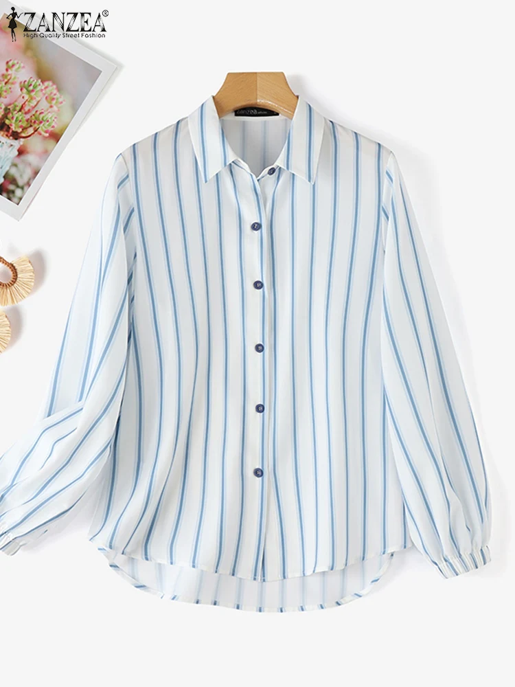 

ZANZEA Fashion Autumn Long Sleeve Striped Shirt Women Elegant Blouse Muslim Blusas Chemise Casual Lapel Neck Buttons Down Tops