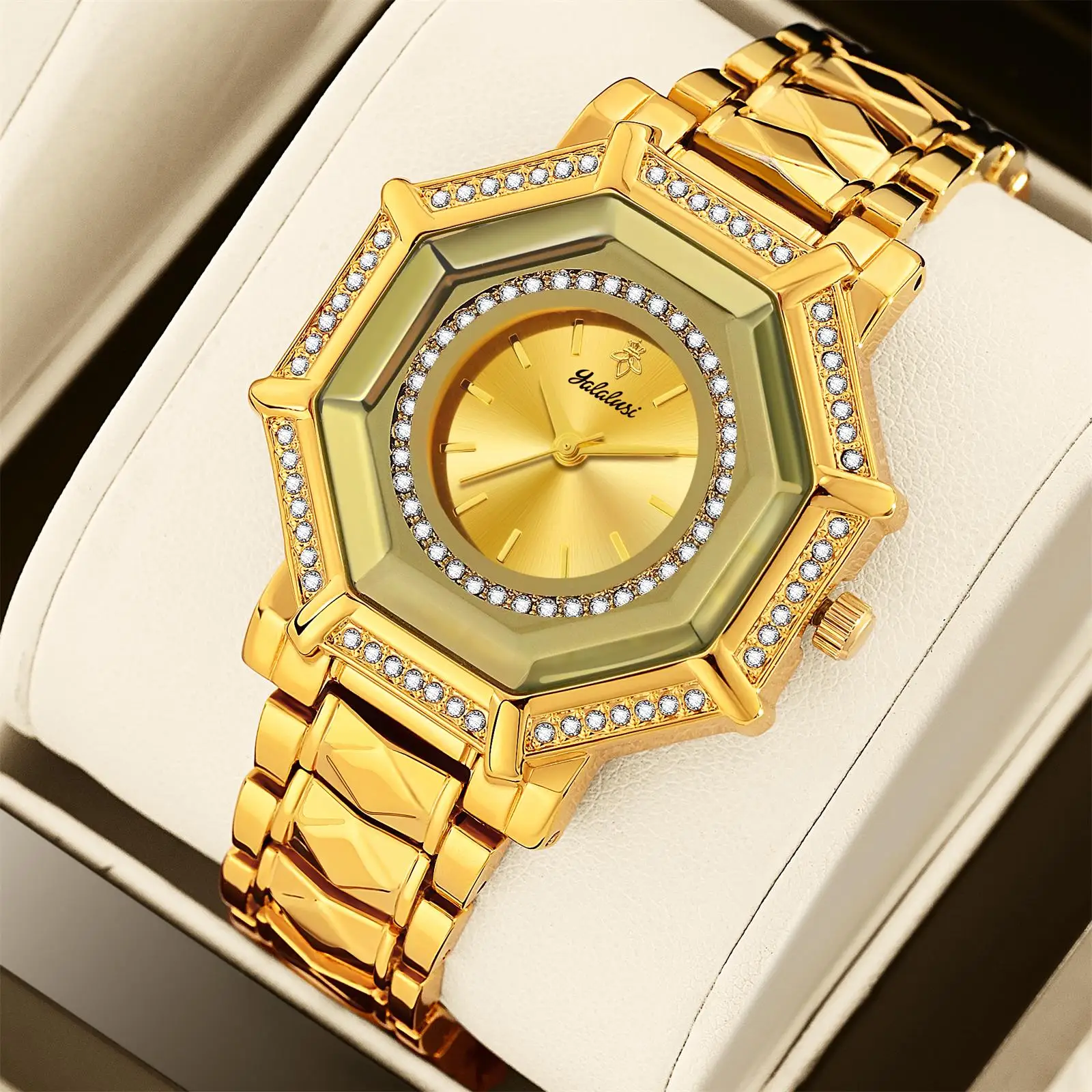 YaLaLuSi Octagon Full Rhinestone Gold Women Watch Gold Dial Diamond Bezel Diamond Embossed Link Metal Bracelet Ladies Quartz Dress Wristwatch