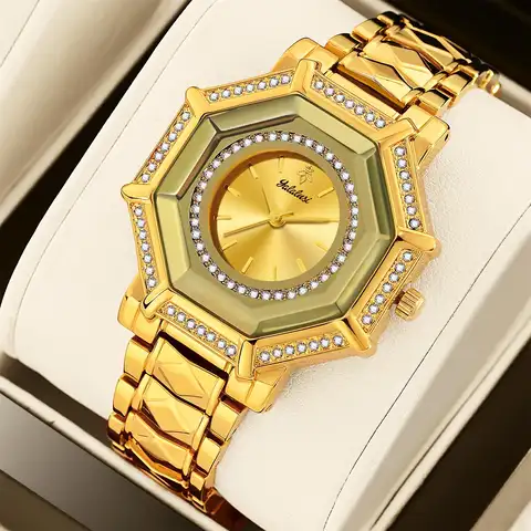 YaLaLuSi Octagon Full Rhinestone Gold Women Watch Gold Dial Diamond Bezel Diamond Embossed Link Metal Bracelet Ladies Quartz Dress Wristwatch