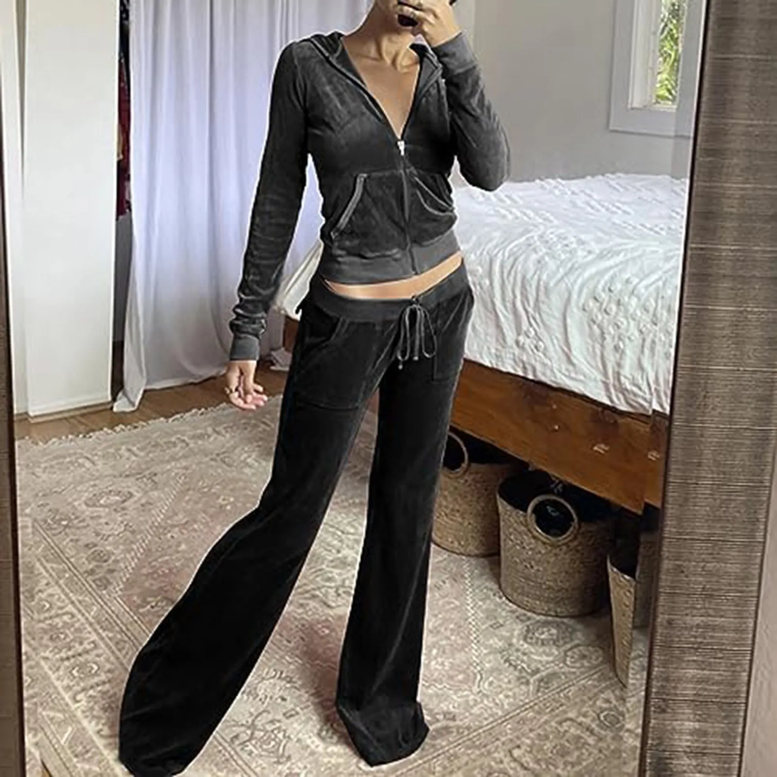 Hot New Pantsuit Women Tracksuit Set Two Pieces Slim Fit Velour Velvet Outfit Casual Zip Up Hoodie Jacket Vertical Sweatpants