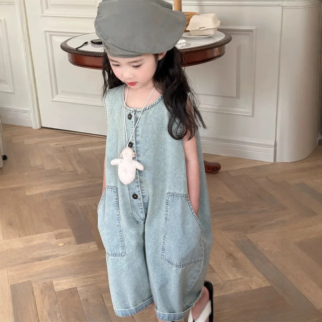 2026 Summer Girls' Cowboy Cute Jumpsuit Large Pocket Korean Retro Style Cute Baby Boy Fashion Calf-Length Rompers