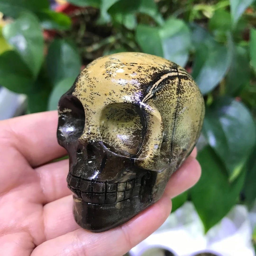 

70mm Natural Picture stone and jade Skull Quartz Crystal Skull Carving Decorative Statue Reiki 1pcs